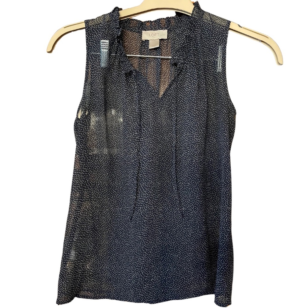 Loft sheer navy white polka dots sleeveless shirt. Size XXSP